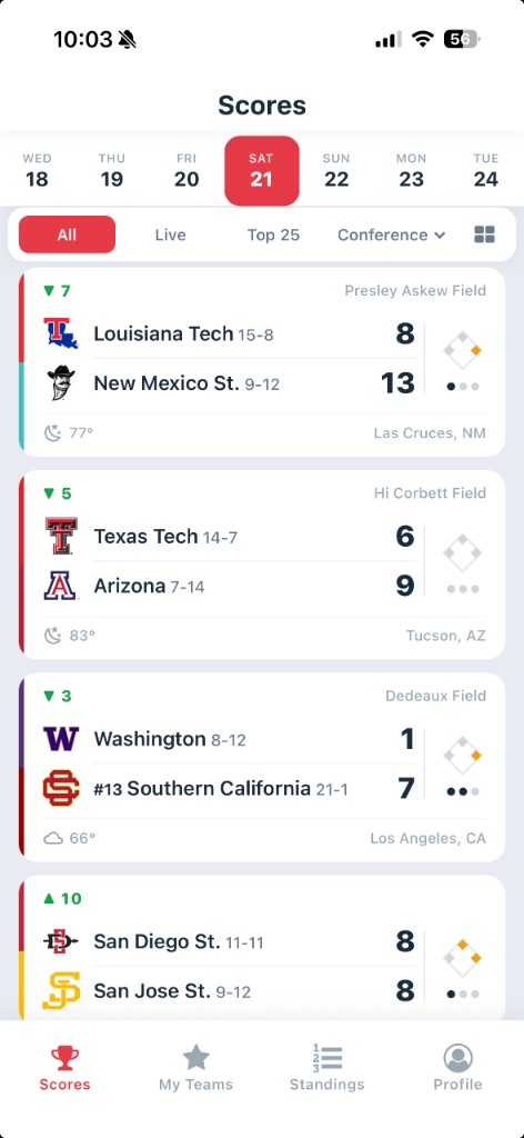 Home Plate app showing live NCAA baseball scores